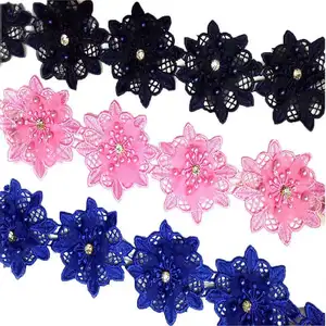 Hạt Ngọc Trai Rhinestone Trang Trí Hoa Cắt Tỉa 3D Hoa Patch Thêu Guipure Ren Trim