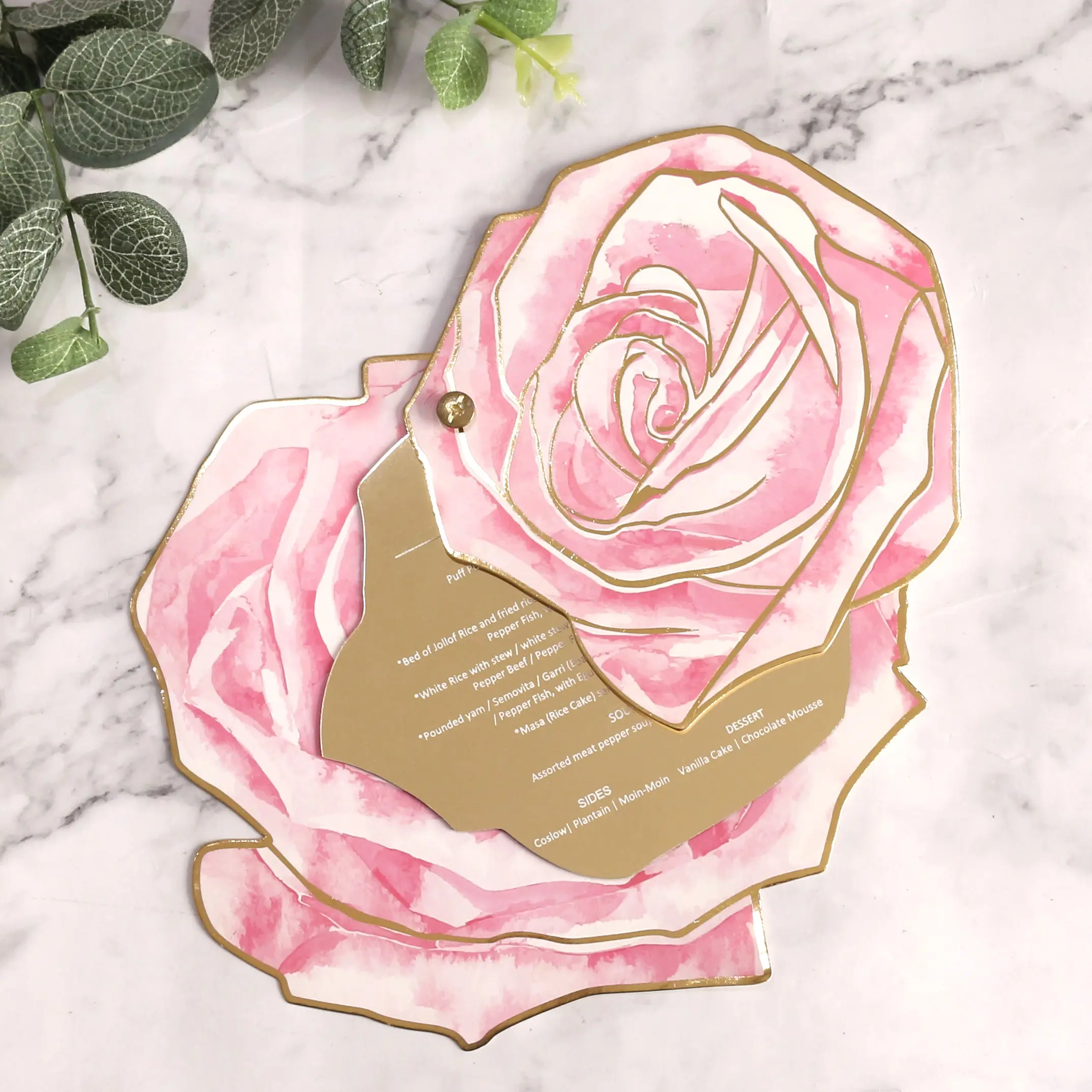 Luxus personal isierte Form romantische Rose Design Papier und Spiegel Acryl Hochzeit Menü karten mit Goldfolie und bunten Druck