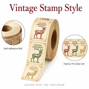 Rouleau d'autocollants de Noël vintage en gros, étiquettes matelassées auto-adhésives découpées pour emballage cadeau et journalisation - Product Image 3