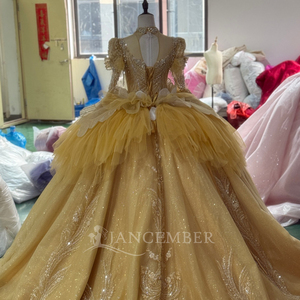 ชุดราตรีสีทอง Xs231 ทรงบอลกาวน์ทันสมัยสำหรับคุณแม่เจ้าสาวหรืองาน Quinceanera ไซส์พลัส ประดับด้วยลูกไม้ปักลาย คริสตัล และลูกปัด พร้อมผ้าจับจีบ - Product Image 6