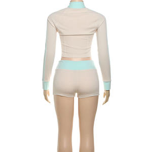 2025 uzun kollu fermuarlı ceket <span class=keywords><strong>2</strong></span> parça Set kadın şort Sweatsuits bayanlar için özel renk engelleme pamuk eşofman setleri - Product Image 6