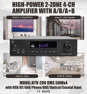 ระบบเสียงไฮไฟ <span class=keywords><strong>Hypersound</strong></span> 50Wx4ch BT5.0 กำลังขับสูง 200W 2 โซน ดิจิตอลคลาส D แอมพลิฟายเออร์ โครงสร้างโลหะ สำหรับบ้านและโบสถ์ - Product Image 2