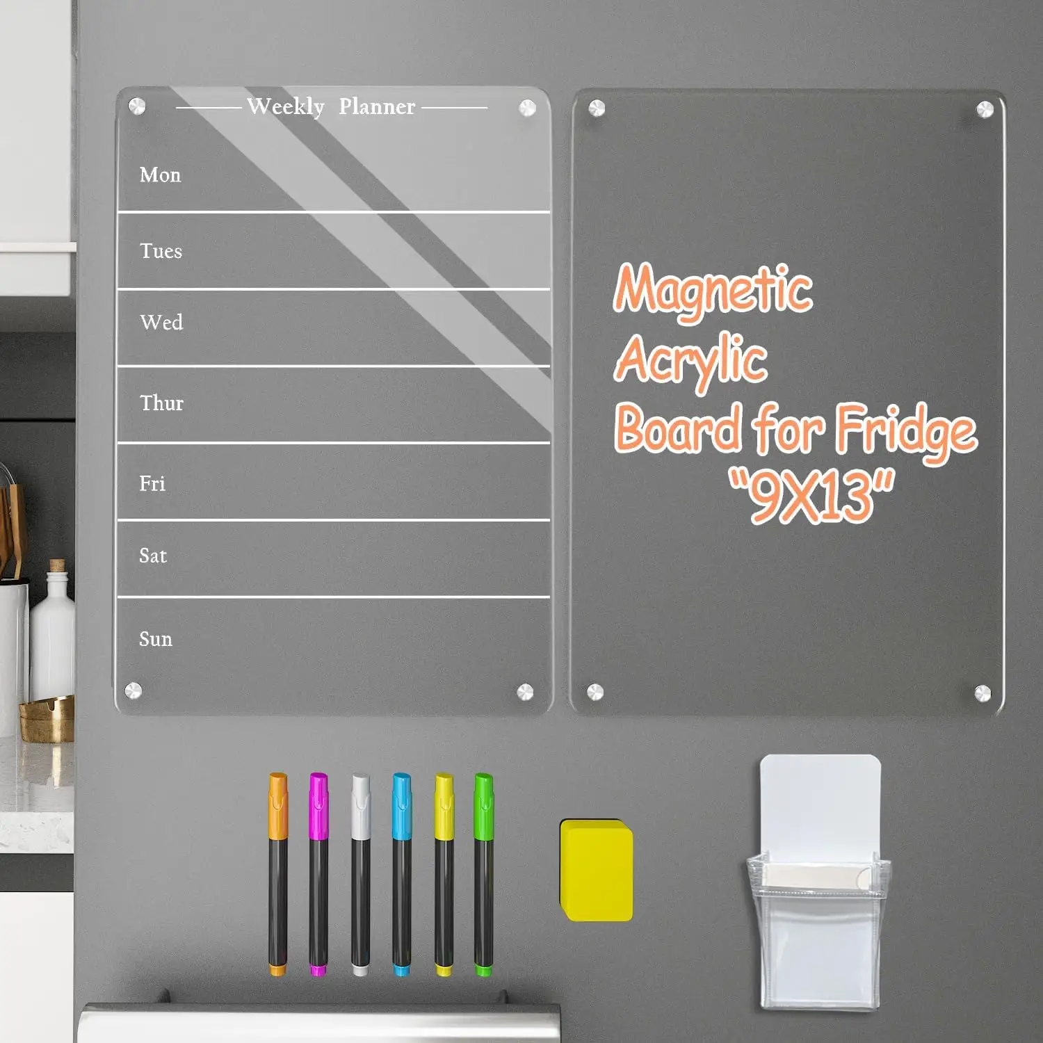 2 PCS 9 "x 13" Transparent Weekly Meal Planner Magnetic Acrylic Board,Acrylic Magnetic Dry Erase Board for Fridge, Magnet Week Calendar