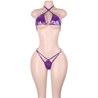 Bikinis deux pièces en similicuir verni brillant avec détails métalliques ajourés, soutiens-gorge string, pour club, tenues de strip-tease pour adultes et spectacles