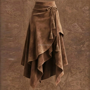 <span class=keywords><strong>Gonna</strong></span> Midi in Camoscio Personalizzata per Donna, Stile Vintage Western Boho, Asimmetrica con Strati e Balze, Vita con Laccetti, Frange, Linea A, OEM - Product Image 3