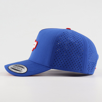 Casquettes 5 panneaux en gros avec logo personnalisé en patch de caoutchouc, casquette de golf perforée découpée au laser, casquette de baseball imperméable personnalisée