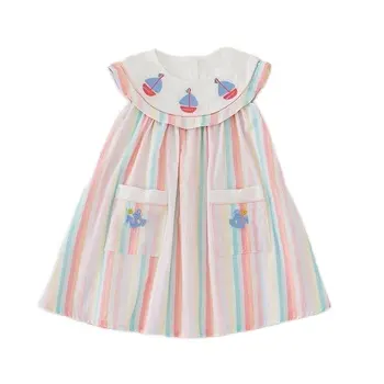 Elegant Casual Dress Children Baby Girl Striped Sleeveless Embroidery Kids Colorful Dresses For Summer