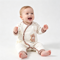 Combinaison Kimono Bébé Unisexe en Coton à Manches Longues avec Imprimé Ours Mignon et Lacets Latéraux, Body Nouveau-né pour la Maison et le Sommeil, Vente en Gros