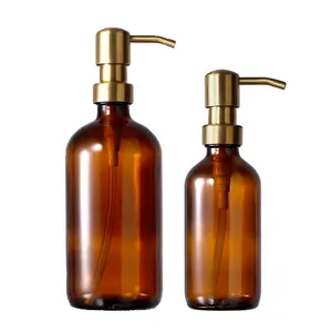 Dispenser di sapone liquido ambrato spesso da 16 once 8 once 500ml 250ml Boston bottiglia di vetro rotonda con pompa in acciaio inossidabile 304 dorato