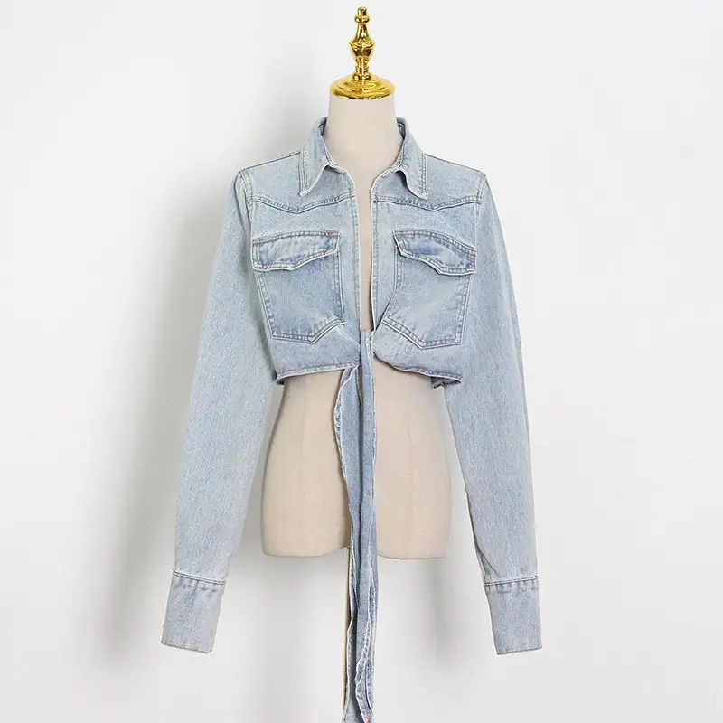 KaiChen Oem light blue color washed no button sash ladies custom denim sexy casual crop jacket shirts for women tops