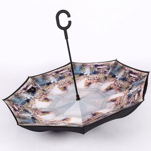 Parapluie inversé à double tissu coupe-vent avec poignée en forme de C pour cadeaux - Product Image 4