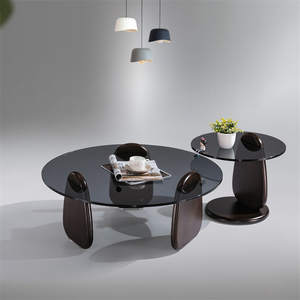 Ensemble 2 tables basses imbriquées haut/bas personnalisées d'usine OEM dessus de table moderne en verre trempé avec pieds en bois massif Mobilier de maison - Product Image 3