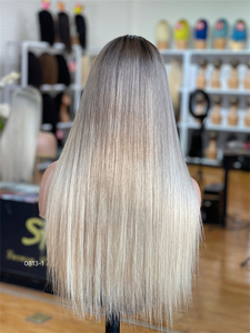 Perruques sans colle longues et droites, blondes de luxe, transparentes HD, avec racines noires, effet gris cendré, en cheveux vierges, en promotion - Product Image 4