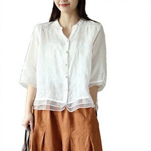 Blusa Casual de Verano de Algodón y Lino Vintage para Mujer, con Bordado Artístico, Botones, Corte Ajustado y Holgado, de Chifón - Product Image 3