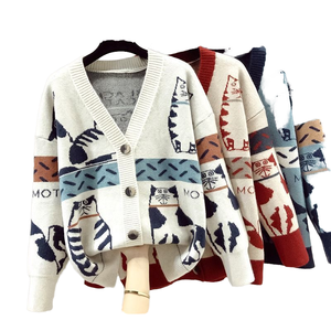 Cárdigan de punto largo a la moda para mujer, abrigo con cuello en V y un solo pecho, Color de contraste de dibujos animados, decoración de botones para primavera y otoño - Product Image 4