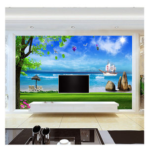 Mural de Hotel Mediterráneo, papel tapiz de cielo azul, nubes blancas y paisaje marino, papel tapiz de árbol de coco, de Hotel Fondo, tela de pared - Product Image 3