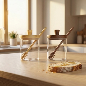 Barattolo per <span class=keywords><strong>Miele</strong></span> in Vetro Borosilicato con Cucchiaio in Legno e Coperchio in Legno di <span class=keywords><strong>Acacia</strong></span>, Contenitore Ecologico per <span class=keywords><strong>Miele</strong></span> e Sciroppo, Dispenser da 450ml - Product Image 3