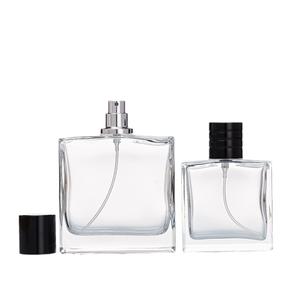 Flacon de parfum carré de luxe en verre avec fond lourd, transparent, 30ml 50ml 100ml, couvercle noir et pulvérisateur à sertir, vide - Product Image 2