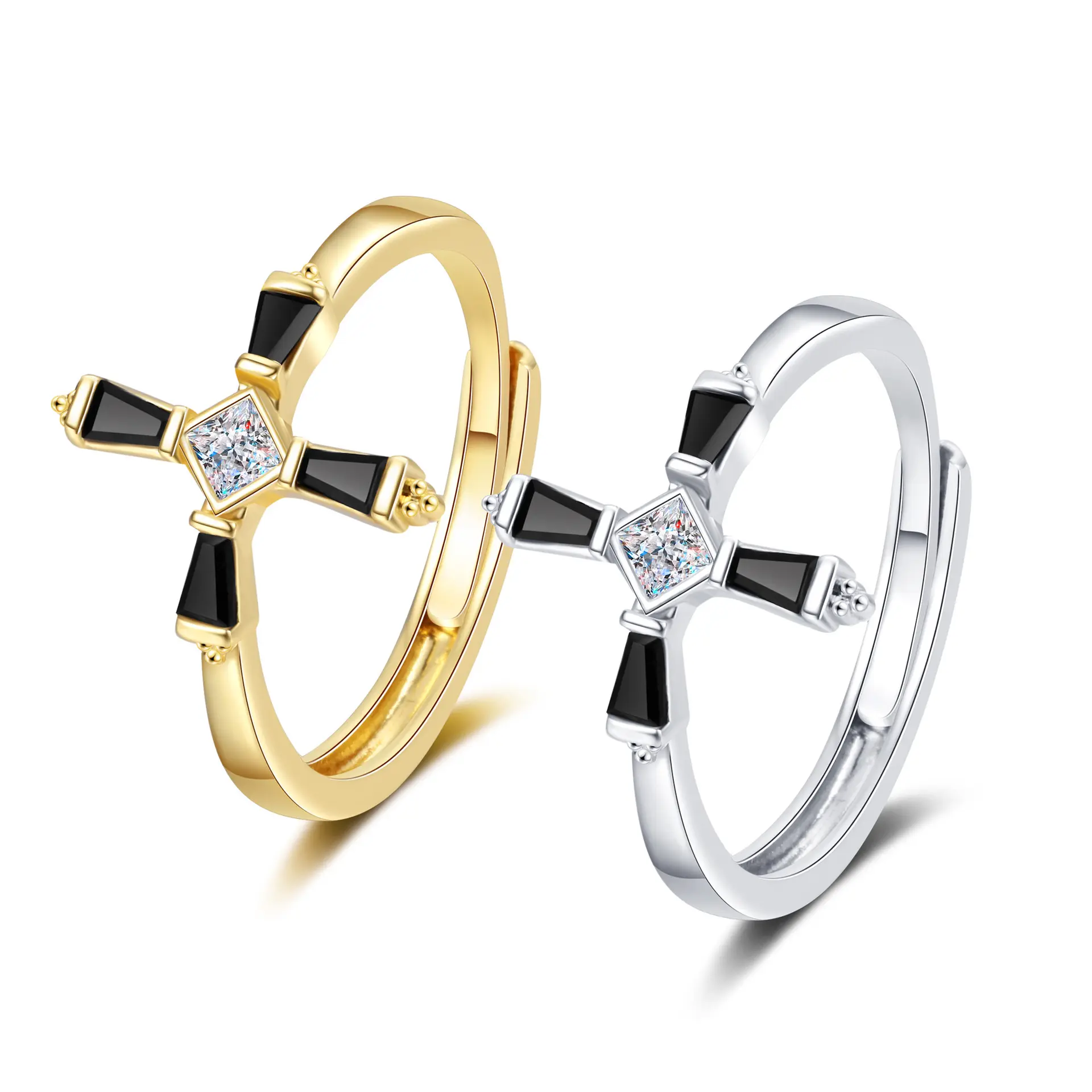 Модные вдохновляющие классические ювелирные изделия подарок золото 925 посеребренные женские мужские хип-хоп черный камень циркон крест кольца регулируемые
