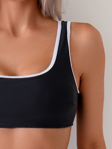 Conjunto de bikini de cintura alta con cuello cuadrado y ribete blanco y negro para mujer, se puede usar como top, traje de baño adelgazante retro minimalista - Product Image 4