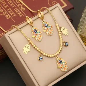 Baru 18K perhiasan Fatima berlapis emas baja tahan karat manik-manik mata setan warna-warni Zircon Hamsa set kalung tangan untuk perhiasan wanita