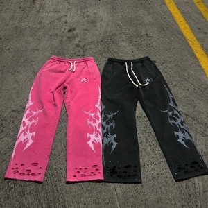 Pantalon de jogging évasé personnalisé en strass, style streetwear vintage, sérigraphié, taille élastique, délavé à l'acide, effet soleil éclairé - Product Image 1