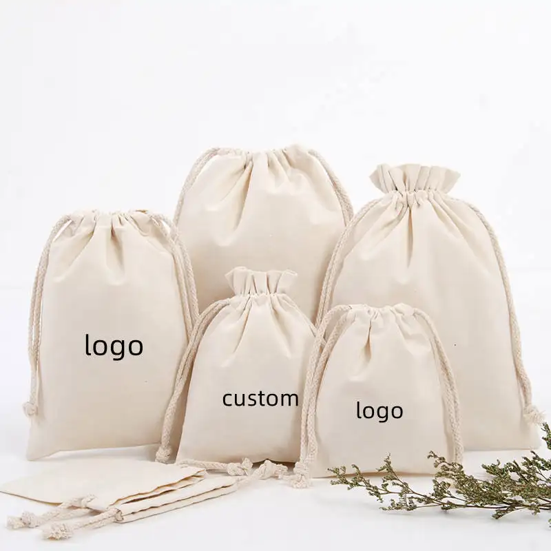 Venta al por mayor logotipo personalizado lienzo apertura superior dibujar cadena regalos promocionales bolsa joyería bolsa de algodón con cordón