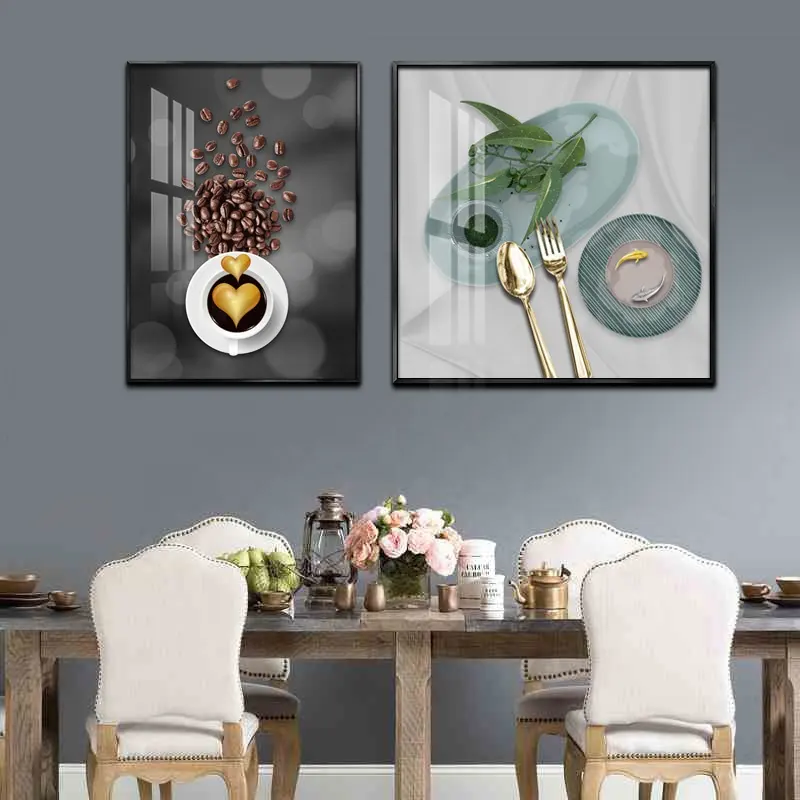 Wall Art Contemporary Pictures for Dining Home Decoration Blue Plate and Golden Knife and Fork Crystal porcelain paintings