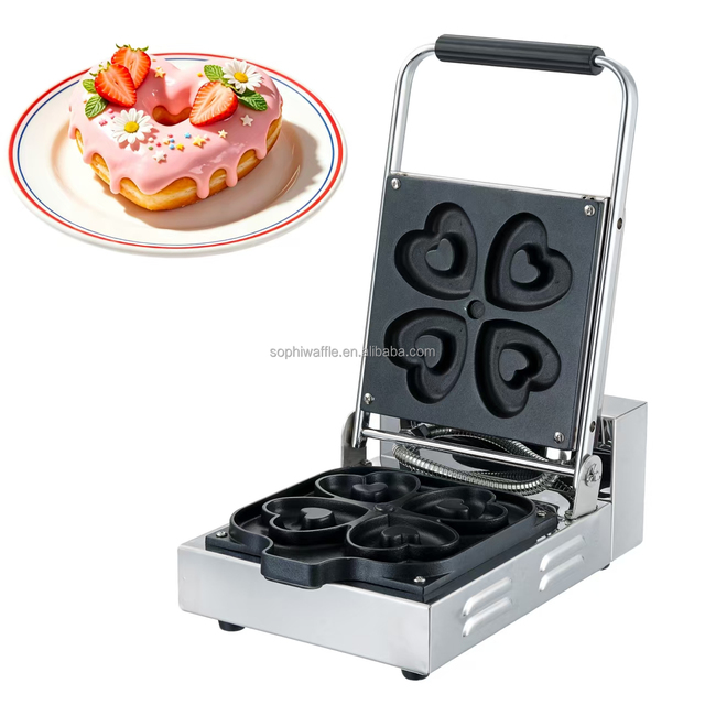 Customizable Designs 4 Holes Heart-Shaped Donut Maker Electric Waffle Donut Baking Equipment  for Commercial or Home Use