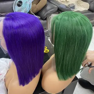 Purple Green Short Bob Cut Full Lace Wigs With Baby Hair Virgin Brazilian Human Hair Bob Curly Lace Front Wig For Black Women