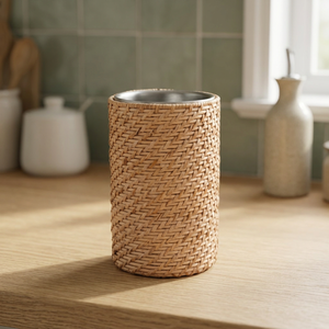 Round Bamboo Woven Ice Bucket Stainless Steel Inner Insulated Beverage <b>Cooler</b> Bohemian Style - Product Image 3