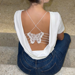 Blusa de Verano Casual Elegante de Punto Sólido con Estampado Digital, Transpirable, con Espalda Descubierta y Malla Calada, Manga Corta - Product Image 4