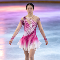 Costume de patinage artistique à manches longues pour enfants et adultes, robe en maille dégradée rose et blanc avec strass pour spectacle sur glace et compétition