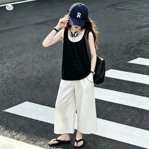 Completo Estivo 2026 Bicolore per <span class=keywords><strong>Bambina</strong></span>: Top Corto e <span class=keywords><strong>Pantaloni</strong></span> a Gamba Larga per Ragazze Più Grandi - Product Image 4