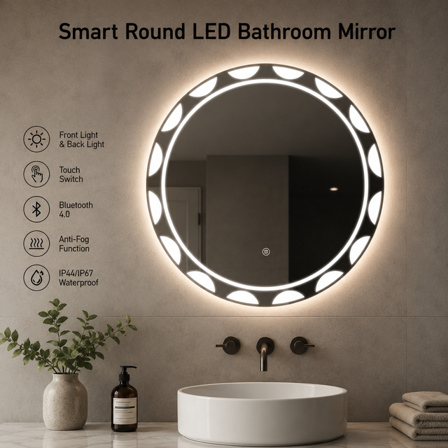 Smart Round LED Bathroom Vanity Mirror with Front & Backlit Lighting, Stepless Dimming, 3 Color Temperature, Anti-Fog,Bluetooth