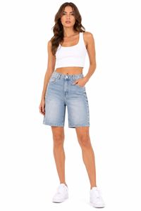 Shorts in Denim a Vita Alta con Orlo Sfilacciato, in Cotone Stonewashed, Stile Casual per l'Estate - Product Image 1