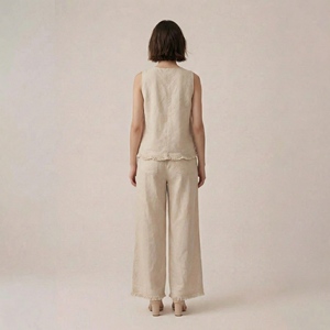 Completo due pezzi <span class=keywords><strong>beige</strong></span> effetto <span class=keywords><strong>lino</strong></span> da <span class=keywords><strong>donna</strong></span>, top senza maniche e <span class=keywords><strong>pantaloni</strong></span> a gamba larga con orlo sfrangiato, set casual estivo coordinato - Product Image 2