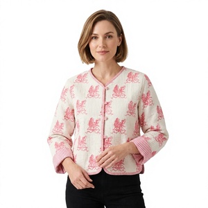 Indian Digital Printed Breathable Quilted Reversible Knitted <b>Jacket</b> Handmade Women's Floral Stripe Eco-Friendly Organic Cotton - Product Image 1