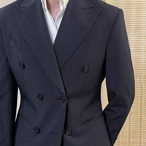 Vendita calda <span class=keywords><strong>doppiopetto</strong></span> abiti da lavoro classici da uomo nero a righe grigie abiti da sposa formali con cerniera pantaloni mosca - Product Image 6