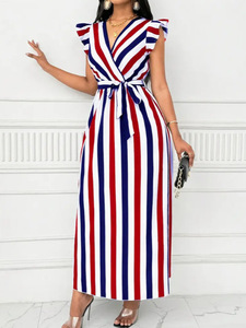 Robe longue d'été 2026 pour femme, respirante, à taille naturelle cintrée, rayée rouge et blanc, col en V, bord à volants, à lacets - Product Image 2