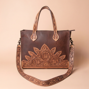 Genuine Leather Women Tote <b>Bag</b> Embossed Floral Zipper Shoulder Handbag Portable <b>Shopping</b> Carryall - Product Image 1