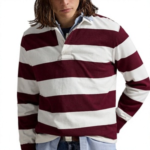 Chemise de rugby à manches longues rayée pour homme, col boutonné, décontractée, printemps, coton popeline respirant, manches longues, blanc bordeaux - Product Image 1