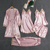 Pyjama sexy pour femme, ensemble 5 pièces, en dentelle, confortable, en soie glacée, vêtements de nuit pour la maison
