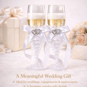 Juego de Copas de Champán <span class=keywords><strong>para</strong></span> Boda, Elegantes Copas con Tallo Estilo Cristal, Lazo de Satén Blanco y Acento de Doble Corazón, Copas <span class=keywords><strong>para</strong></span> Brindis de Novios - Product Image 5