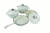 4pcs Set Peralatan Masak Ramah Lingkungan dari Besi Cor Berlapis Enamel Putih yang Tahan Lama dengan Wajan Bundar dan Tiga Dutch Oven