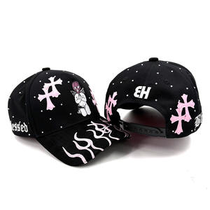 Оптовая продажа, замшевые шляпы с полями, вышивка на заказ, хлопковая бейсболка с 5 панелями, со стразами и кожаными крестами, нашивка - Product Image 5