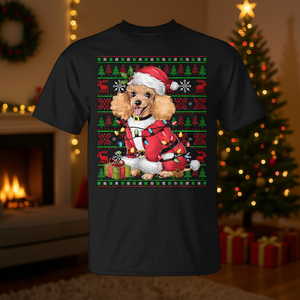 T-shirt de Noël avec motif de chien Toy Poodle, lumières de Noël et Père Noël moche, design de fêtes de Noël - Product Image 3