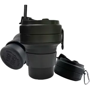 Custom Logo 350ml Leak Proof Portable Collapsible Silicone Camping Cup Mug Folding Travel Water Coffee Cup with Straw for Travel