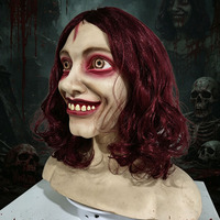 Masque en latex de femme souriante effrayante, masque intégral avec perruque rouge pour fête d'Halloween et événements thématiques