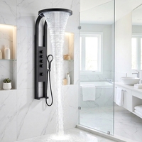Colonne de douche design moderne noir mat avec jets de massage corporel, cascade et pluie, et douchette à main